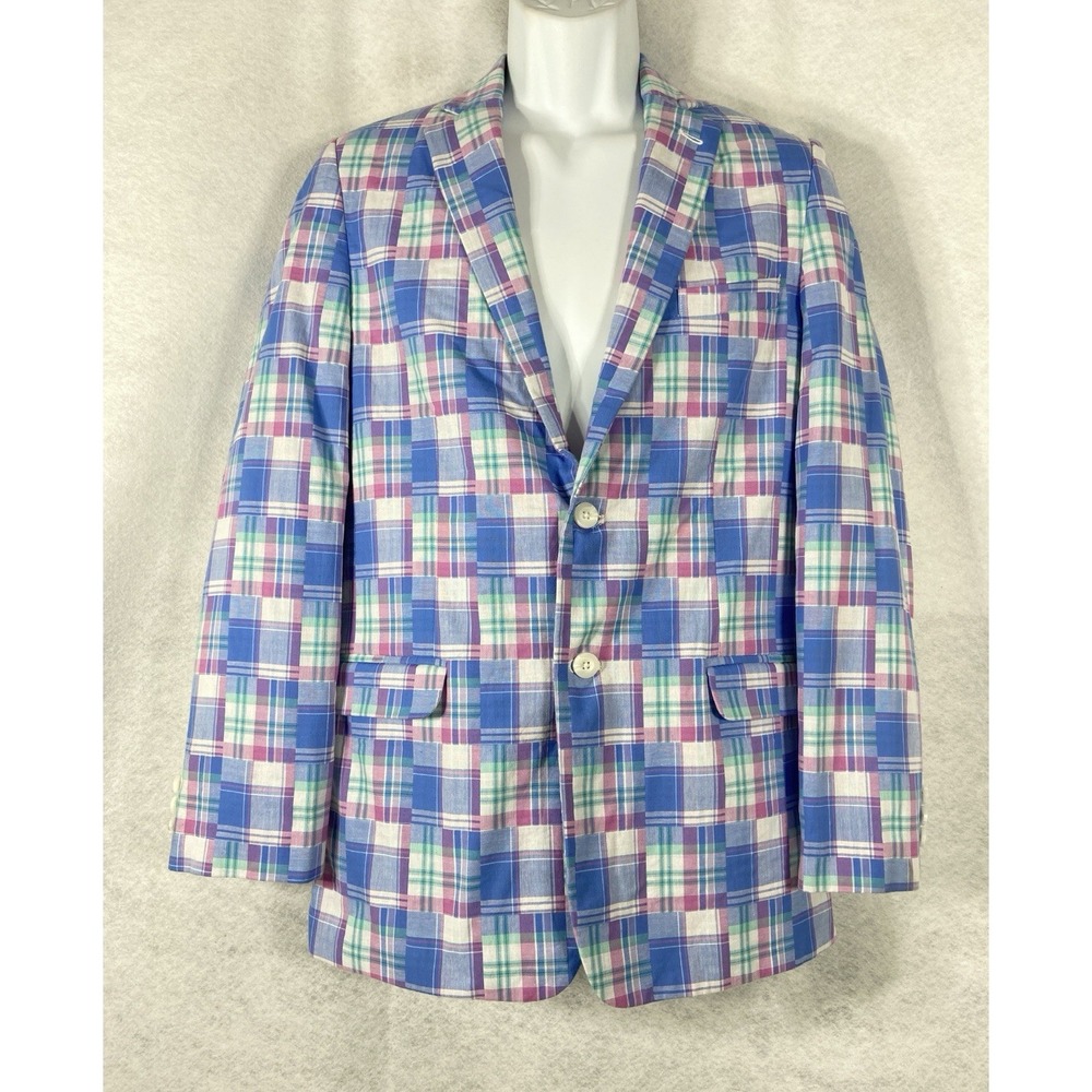 Izod Jacket Youth 18 Regular Blue Pink Plaid 100% Cotton Sport Coat Patch Work